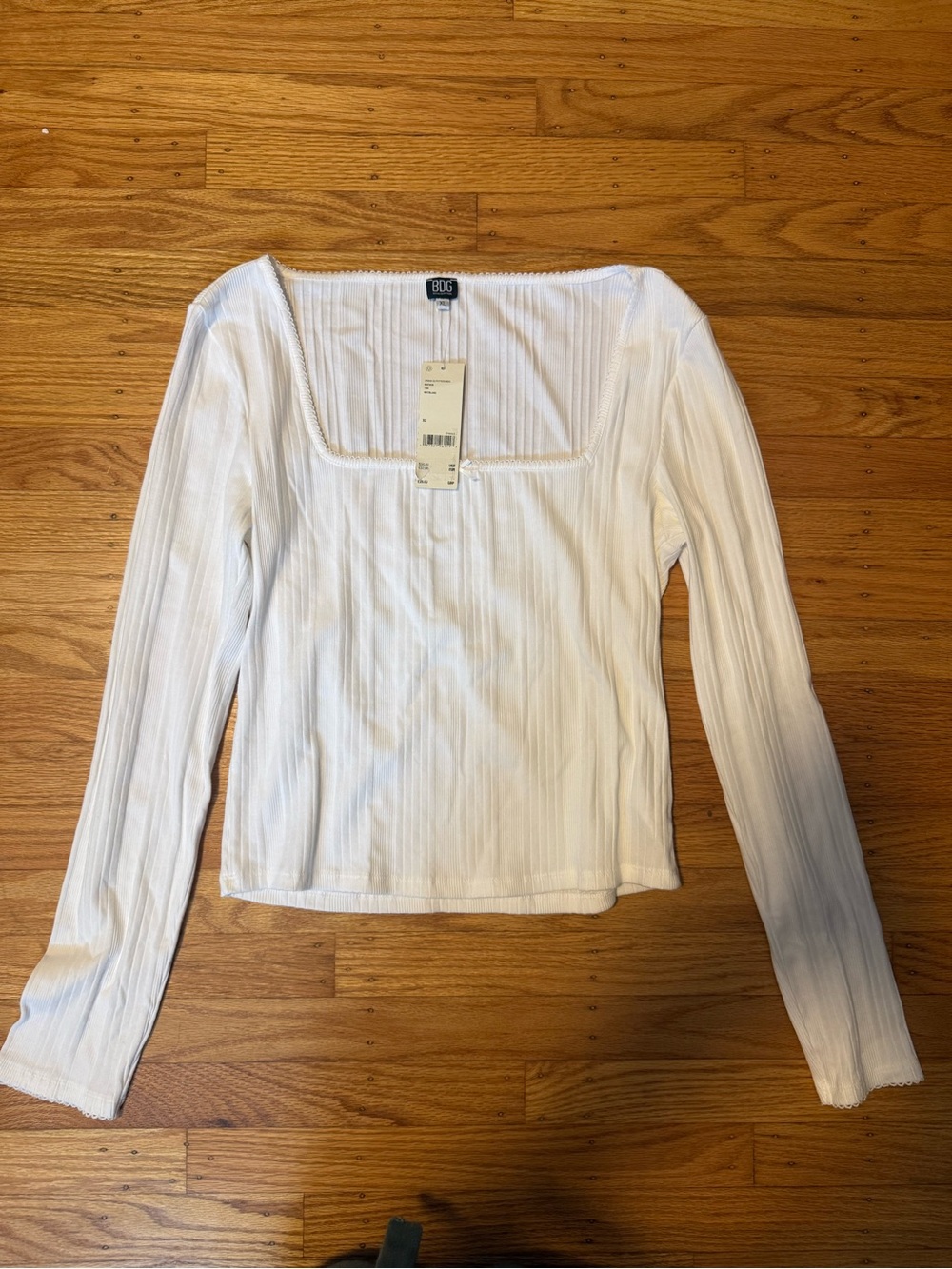 BDG White Ribbed Square Neck Long Sleeve Top - Slim Fit